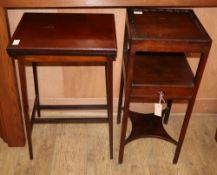 An Edwardian satinwood banded mahogany card table and a George III mahogany two tier washstand, card