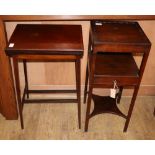 An Edwardian satinwood banded mahogany card table and a George III mahogany two tier washstand, card