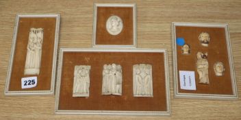 Four, possibly 15th century, Venetian bone panels, in two frames, three 18th / 19th century