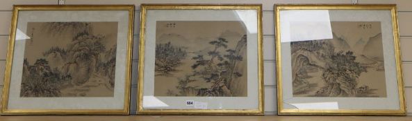 Chinese School, three watercolours on silk, Landscapes, signed, 30 x 36cmCONDITION: Possibly a