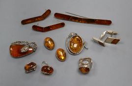 A small group of assorted white metal mounted amber jewellery, including ring, cufflinks,