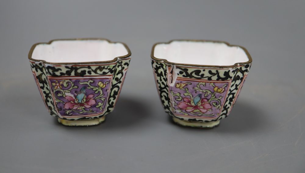 Two Canton enamel tea bowls, 19th century, height 3.5cm