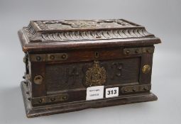 A brass bound wooden box, plaque to interior of lid reads made from oak, Old Parliament House,