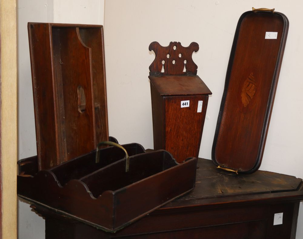 An oak candle box, height 42cm, two cutlery boxes and an oval tray