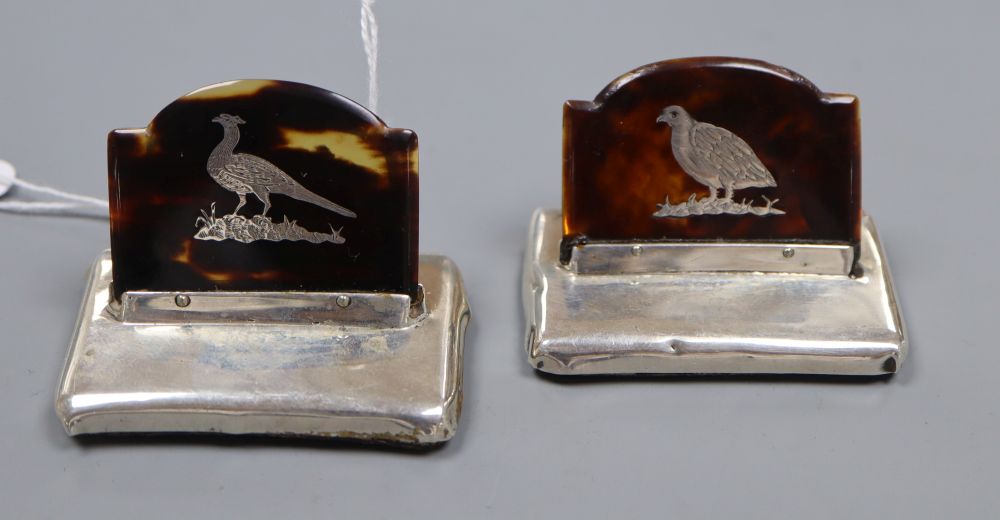 A pair of George V silver and tortoiseshell mounted menu holders, J. Batson & Son, London, 1913, the