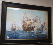 Frank Yers, watercolour and gouache, Galleons at sea, signed and dated 1902, 67 x 100cmCONDITION: