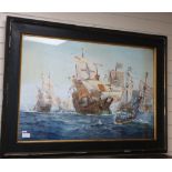 Frank Yers, watercolour and gouache, Galleons at sea, signed and dated 1902, 67 x 100cmCONDITION: