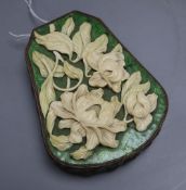 A 19th century Chinese ivory, brass and green enamel box, length 13cm
