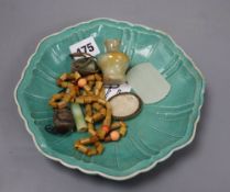 Assorted Chinese small items including jades, ceramic dish etc.