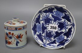 A Japanese blue and white dish, diameter 15cm, and a Chinese Imari jar box and coverCONDITION: Cover