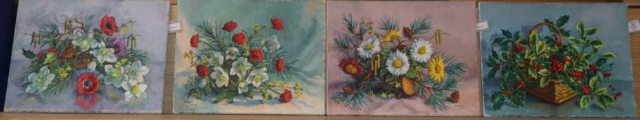 Dorothy Dean (1920-2005), 'Christmas Roses' and three other oils on canvas by the same hand, '