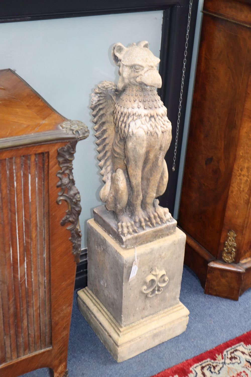 A pair of composition griffins and pedestals, H.94cm - Image 2 of 2