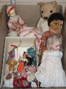A Simon Halbig open mouthed doll, a Norah Wellings style doll, a 1920's wooden doll, a teddy and a
