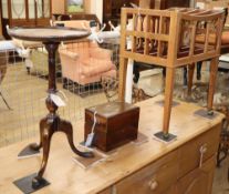 A mahogany Canterbury, H.58cm, a wine table and a Victorian inlaid rosewood tea caddy