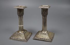 A pair of Edwardian silver cluster column dwarf candlesticks, Walter Latham & Son, Sheffield,