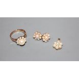 A modern 14k and cultured pearl cluster dress ring, size M, gross 3.2 grams, a similar pair of 375