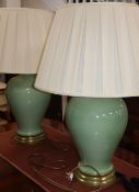 Two modern Chinese celadon vase table lamps with silk shades
