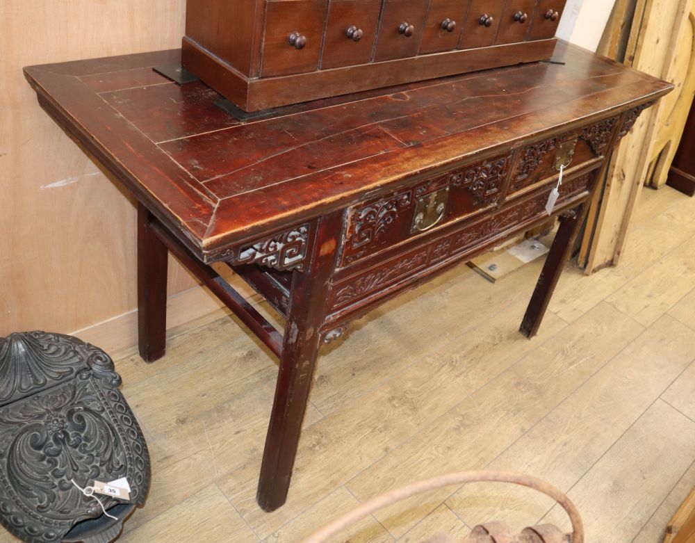 A Chinese carved wood altar table, W.160cm, D.63cm, H.90cm