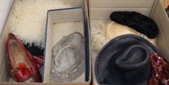 A pair of 19th century leather shoes, a fur muff, four hats, two chain mail evening bags, assorted