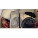 A pair of 19th century leather shoes, a fur muff, four hats, two chain mail evening bags, assorted