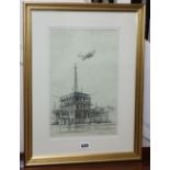 Douglas Ettridge (1927-2009),pencil drawing,Bi-plane flying over Croydon Airport Tower, Studio stamp