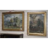 William Ellis, two watercolours, Sportman and spaniels stalking in woodland and Figures before a