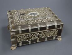 A 19th century Southern Indian horn and ivory mounted trinket box, height 7.5cm and a similar card