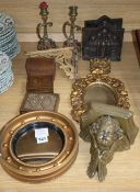 A pair of candlesticks, pottery pots, a sconce, gilt mirrors, three boxes etc (13)