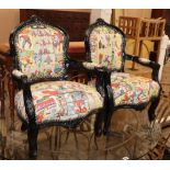 A pair of ebonised child's armchairs, with spiderman upholstery, W.50cm H.70cm