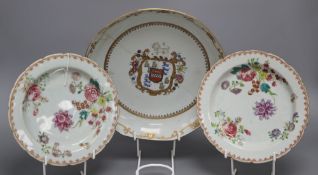 A pair of Chinese export ware dishes and anotherCONDITION: Armorial dish has been obviously restored