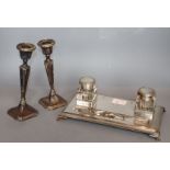 A George V silver inkstand, Birmingham, 1928 (part missing), 28cm, 18oz and a pair of George V