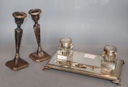 A George V silver inkstand, Birmingham, 1928 (part missing), 28cm, 18oz and a pair of George V