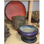 A Chinese cloisonne enamel bowl, a Burmese lacquer dish and an Indian brass bowl