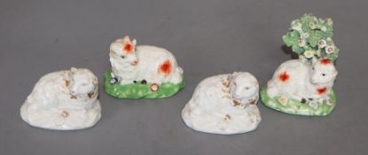 Four Derby figures of recumbent sheep, c.1810-30, unmarked, L. 5.8 - 6.5cm