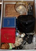 A box of costume jewellery, a white metal basket etc.