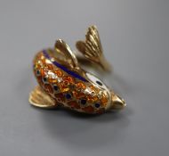 A moder 585 yellow metal and enamelled dolphin ring, size L, gross 5.6 grams.CONDITION: Some minor