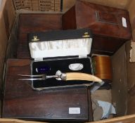 Assorted 19th century boxes to include two rosewood toilet boxes, two tea caddies, cased balance