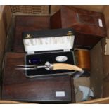 Assorted 19th century boxes to include two rosewood toilet boxes, two tea caddies, cased balance