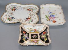 A late Meissen rectangular dish, a Meissen style square dish and a French porcelain tray (3)