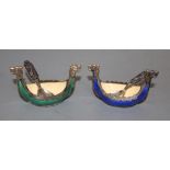 A pair of Norwegian white metal and enamel Viking boat salts, 67mm and two associated spoons,
