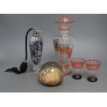 An Art Deco decanter, height 27cm, two glasses, a glass paper weight and a scent bottle