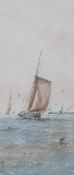 Richmond Markes, watercolour, Fishing boats off the coast, initialled, 27 x 12cm, together with a