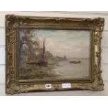English School, oil on board, Sail barges along the coast, indistinctly signed, 27 x 40cm