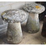 Two 19th century natural stone staddle stones, Diameter 48cm, H.62cmCONDITION: Moss covered tops,