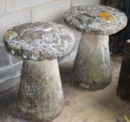 Two 19th century natural stone staddle stones, Diameter 48cm, H.62cmCONDITION: Moss covered tops,