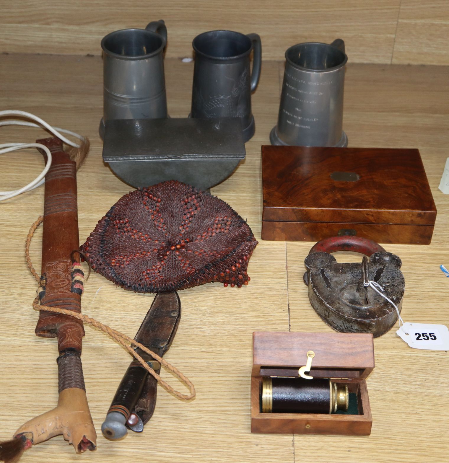 A quantity of mixed collectables including a planished pewter box, a draughtsman set, a large