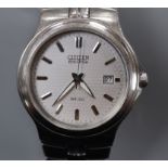 A gentleman's modern stainless steel Citizen Eco-Drive wrist watch, with baton numerals and date