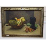 G. Karlin, oil on canvas, Still life of fruit and an African bust on a table top, signed and dated