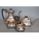 A George V demi-fluted silver four piece tea and coffee service, John Henry Potter, Sheffield, 1911,