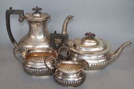 A George V demi-fluted silver four piece tea and coffee service, John Henry Potter, Sheffield, 1911,